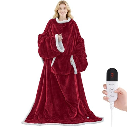 MAXEVE Heated Wearable Blanket with Foot Pocket & Sleeves Electric Snuggle - color: Wine, size: Long