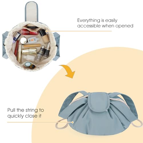 Narwey Lay Flat Drawstring Makeup Bag, Travel Toiletry Cosmetic Bag Women - color: A-Greyish Blue