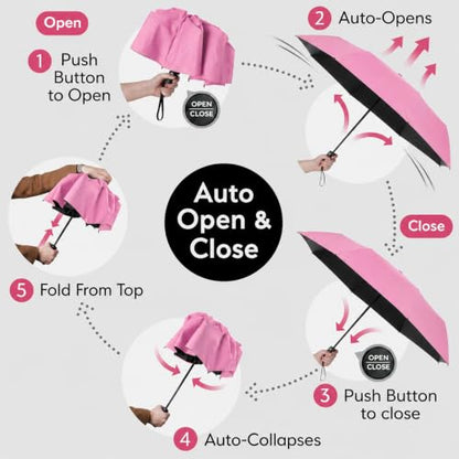 BAODINI Compact Travel Umbrella Small Windproof Auto Open Close for UV Sun Protection UPF 50+ and Rain Fits Backpack Purse & Suitcase - color: Pink