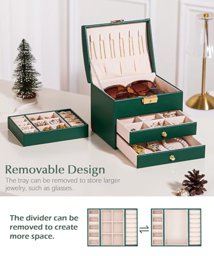 Homde Small Jewelry Box for Girls: 3-Layer Lockable Organizer (Green) - color: Midnight Green