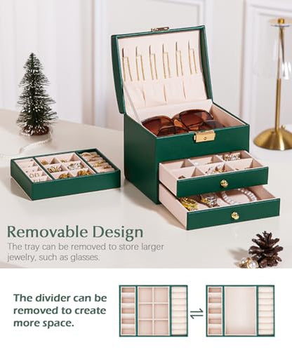 Homde Small Jewelry Box for Girls: 3-Layer Lockable Organizer (Green) - color: Midnight Green