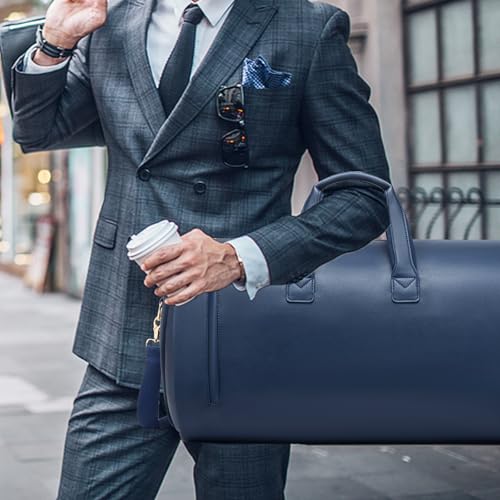 Leather Garment Bag，Convertible Garment Duffel Bag for Travel Mens Suit Bag 2 in 1 Waterproof Foldable Carry on Garment bag with Shoulder Strap Weekender Bag with Shoe Pouch - color: A-Blue