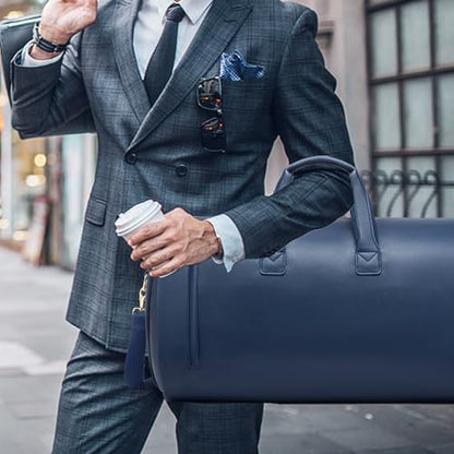 Leather Garment Bag，Convertible Garment Duffel Bag for Travel Mens Suit Bag 2 in 1 Waterproof Foldable Carry on Garment bag with Shoulder Strap Weekender Bag with Shoe Pouch - color: A-Blue