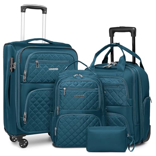 LARVENDER 4 Piece Luggage Set with Spinner Wheels - Expandable Softside Carry On Suitcase 22x14x9 Airline Approved, 16” 20" Carry On Luggage,TSA Lock, Blue - color: Blue(16/20/BP/TB), size: 4 Piece Set (16/20/BP/TB)
