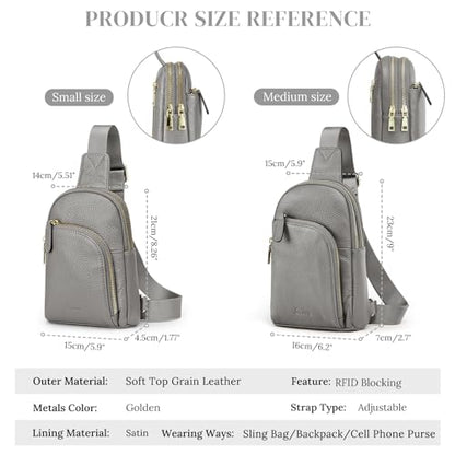 S-ZONE Genuine Leather RFID Blocking Small Sling Bag Women Crossbody Fanny Packs - color: Grey, size: Medium