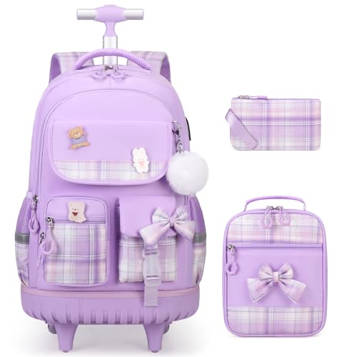 ACESAK Rolling Bow Backpack for Girls with Lunch Bag & Pencil Pouch - color: Purple