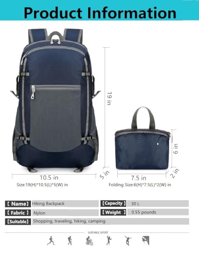 levayhill Hiking Foldable Backpack,Packable Daypack,Dark Blue, 30L - color: Dark Blue