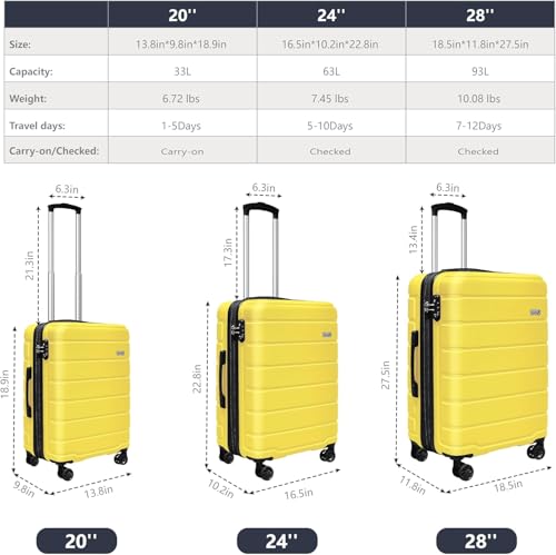 KEYTANG 3-Piece Hardshell Luggage Set(20/24/28), Lightweight Expandable Suitcase with TSA Lock and Double Spinner Wheels, 20% Expansion for Extra Packing, Carry-On and Checked Bags, Yellow - color: Yellow, size: NEW 001-3PCS