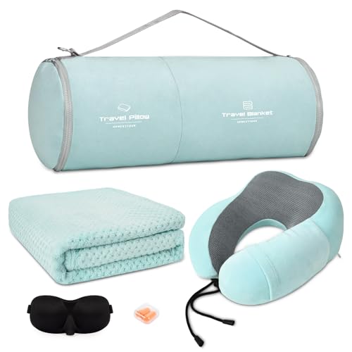 urnexttour Travel Pillow and Blanket Set Neck Pillow Airplane Foam Mint - color: B-blue Green