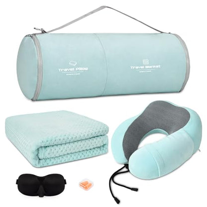 urnexttour Travel Pillow and Blanket Set Neck Pillow Airplane Foam Mint - color: B-blue Green
