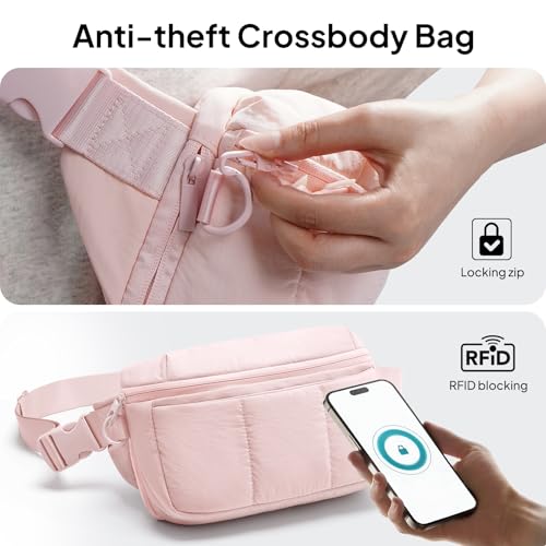 TOPEAST Waist Pack 3.5L Fanny Packs with Water Bottle Holder, Large Capacity Travel Belt Purse Anti-Theft RFID Blocking, Pink Fluffy Crossbody Sling Bag for Hiking Walking - color: Pink