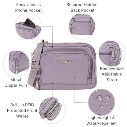Baggallini Triple Zip with Front Wallet/Trifecta RFID Wallet Crossbody - color: Lilac
