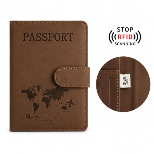 Passport Holder, RFID Blocking Travel Wallet, PU Leather, Brown - color: Brown#PP