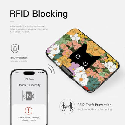 Credit Card Holder RFID Aluminum card case Cat Flowers mini Wallet Women - color: Cat Hiding in Flowers