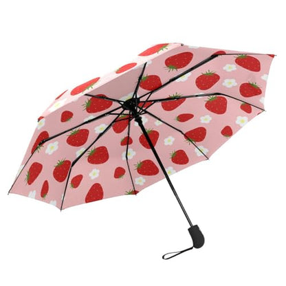Automatic Auto Open Close Compact Printed Travel Umbrella for Rain Water-Resistant Mini Small Size Lightweight Folding Umbrella - color: Strawberry