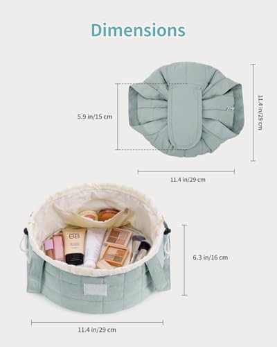 Narwey Lay Flat Drawstring Quilted Makeup Bag, Travel Toiletry Cosmetic Bag - color: B-Quilted Sage Green