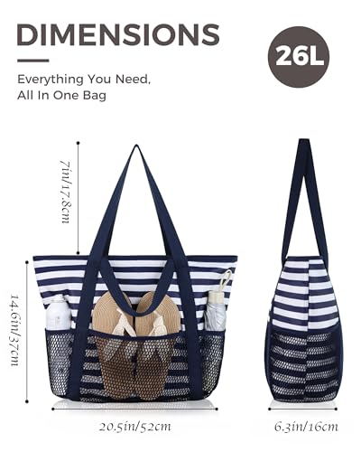 HOMESPON Beach Bag Large Waterproof Sandproof Tote for Women with Zipper and Mesh Pockets - color: Blue Stripes, size: Medium