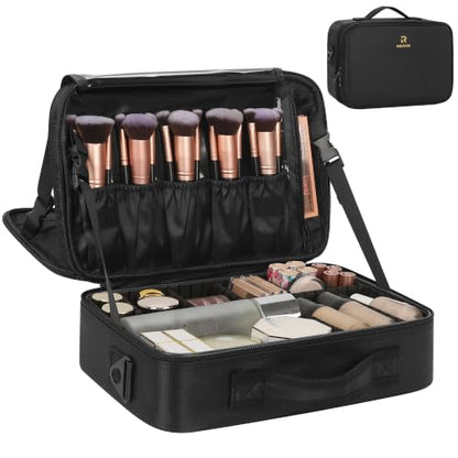 Relavel Makeup Bag Travel Train Case Cosmetic Organizer with Divider, Black - color: Black, size: Medium