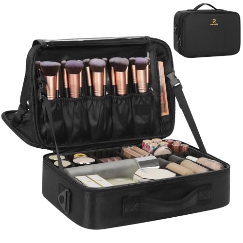 Relavel Makeup Bag Travel Train Case Cosmetic Organizer with Divider, Black - color: Black, size: Medium