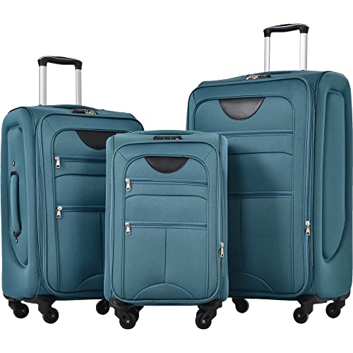 Softside Luggage Expandable 3 Piece Set Suitcase Upright Spinner Softshell Lightweight Luggage Travel Set (Green) - color: Green