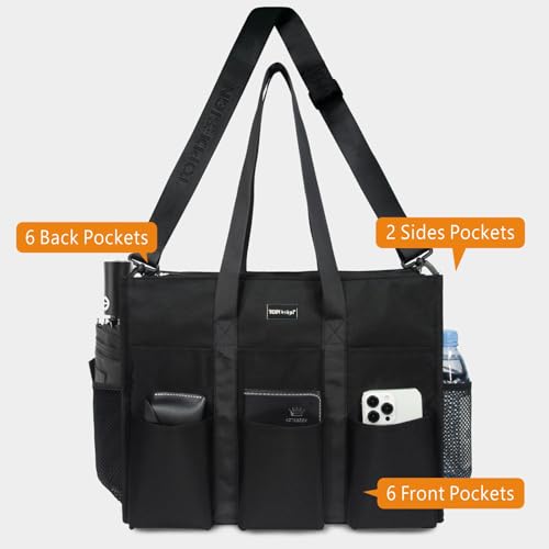 TOPDesign Utility Water Resistant Tote Bag with 22 Pockets, Zipper Closure - color: Black, size: Large