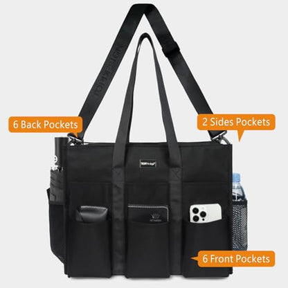 TOPDesign Utility Water Resistant Tote Bag with 22 Pockets, Zipper Closure - color: Black, size: Large