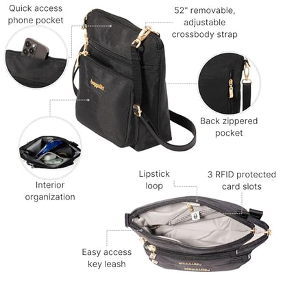 Baggallini Modern Pocket Crossbody Bag for Women, 8.5"x8.5" Handbag Purse with RFID, Lightweight Water-Resistant - color: Black W/ Gold Hardware