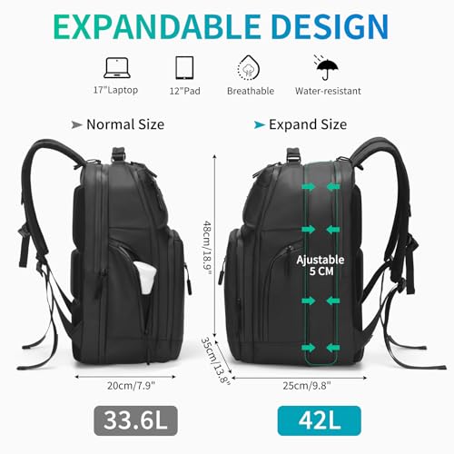 33L-42L Backpack for 17 Inch Laptop Waterproof Expandable Black - color: Black
