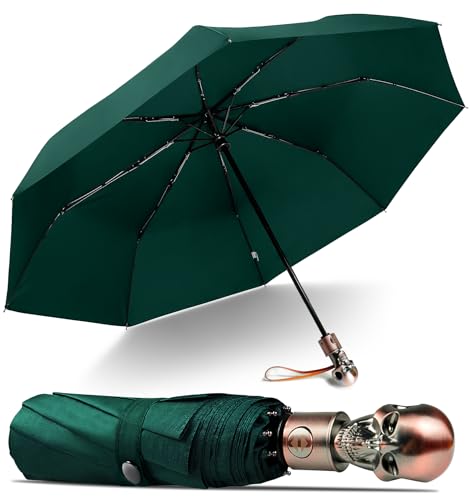 Skull Handle Windproof Travel Umbrella Compact Portable, Auto Open Close - color: 06.Dark Green