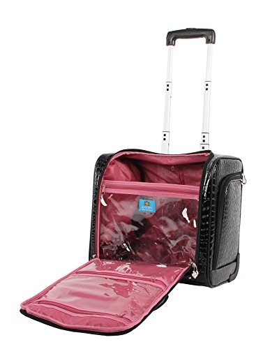 Kathy Van Zeeland Croco PVC Designer Underseat Luggage - 15 Inch Carry On Suitcase for Women- Lightweight Under Seat Bag with 2-Rolling Spinner Wheels (Black) - color: Black
