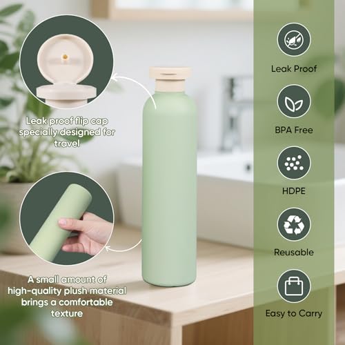 DEMORA 8.8oz Large Travel Bottles for Toiletries, Leak Proof Plastic Travel Squeeze Bottles Refillable Toiletry Containers with Flip Caps and Labels for Shampoo Conditioner Body Wash (Green, 4 Pcs)