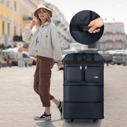 30'' Expandable Rolling Duffel Bag Suitcases w/Wheels,Foldable Luggage Bag - color: Navy, size: 30"