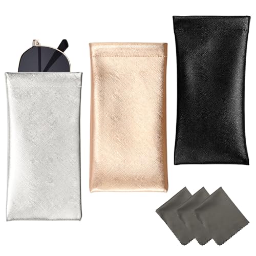 Vemiss 3 Pack Glasses Case, Squeeze Top Soft Sunglasses Pouch - color: Silver Copper Black