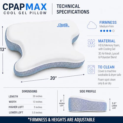 Contour CPAPMax Cooling Gel Pillow - Adjustable Memory Foam Support Pillow for Side, Back & Stomach Sleepers - for CPAP Users - Helps Reduce Air Leaks, Dryness & Mask Discomfort - Ergonomic Design - size: Cool Gel