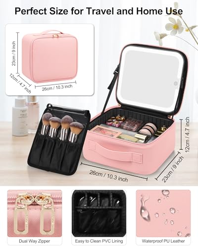Chomeiu Travel Makeup Bag with LED Mirror, Cosmetic Bag with Handle, Pink - color: 01-Pink, size: A-Small