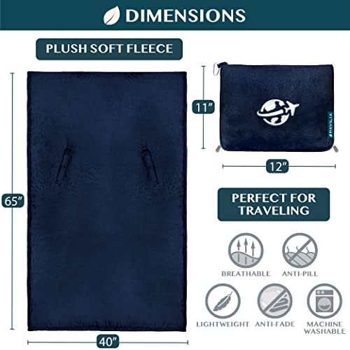 PAVILIA Compact 2-in-1 Travel Blanket Pillow for Airplane Flight, Navy Blue - color: Navy