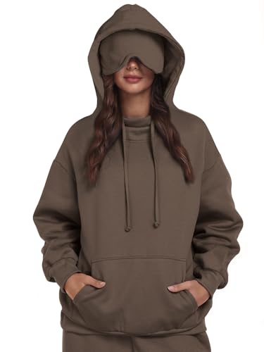 SeSe Code Hoodie with Eye Mask Travel Airplane Unisex Oversized Sweatshirt - color: Light Coffee, size: Medium