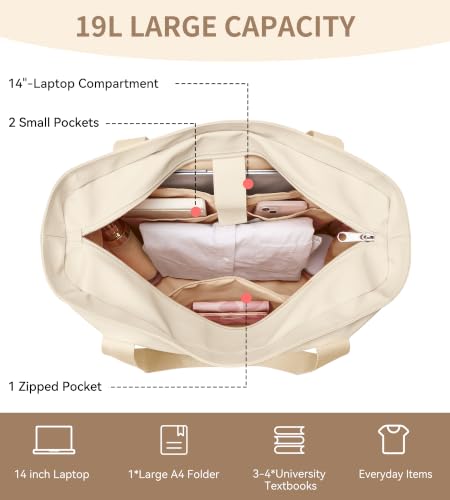 WLLWOO Large Tote Bag, 14” Laptop Work Travel Bag with Trolley Sleeve - color: Beige