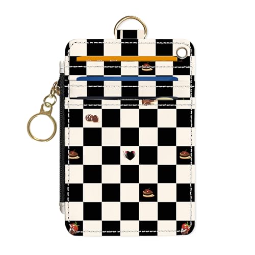Slim Wallet Credit Card Holder, Checkered Pattern And Cake, RFID Wallet Women Cute Small Front Pocket Wallet With Zipper, PU Leather Thin travel RFID Blocking Card Case ID Window ,Ladies Gifts - color: Checkered Pattern And Cake