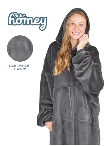 Bare Home Microplush Wearable Blanket with Split Front Pockets - Soft and Plush - Warm and Cozy - Adult & Kid Sizes (Adult, Grey) - color: Grey, style: Adult - Split Front Pocket
