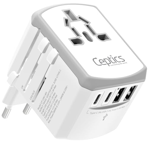 Ceptics 5 in 1 Travel Adapter Worldwide, Universal Socket, 2 USB-A + USB-C - color: White/Silk