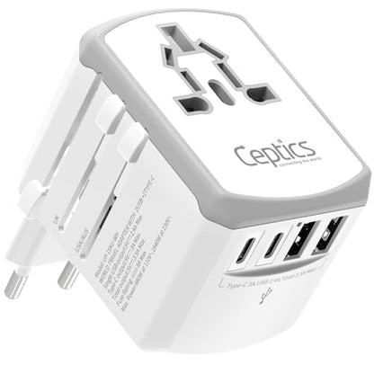 Ceptics 5 in 1 Travel Adapter Worldwide, Universal Socket, 2 USB-A + USB-C - color: White/Silk