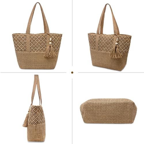 YAMEIZE Straw Woven Beach Shoulder Bags for Women Big Foldable Straw Tote bag Lightweight Raffia Bag with Zipper Summer - color: Beige