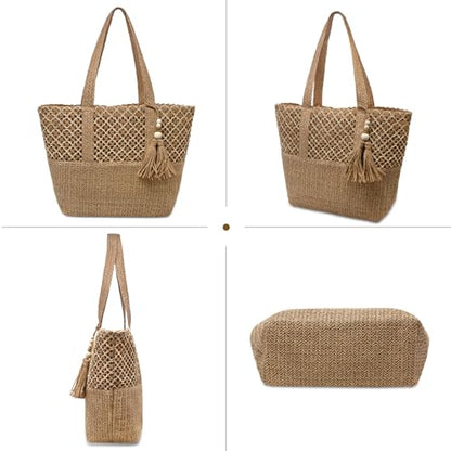 YAMEIZE Straw Woven Beach Shoulder Bags for Women Big Foldable Straw Tote bag Lightweight Raffia Bag with Zipper Summer - color: Beige