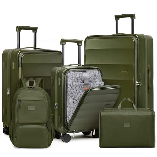 Joyway Expandable 5 Piece Luggage Sets with Front Pocket, Green - color: Green, size: 5 Piece