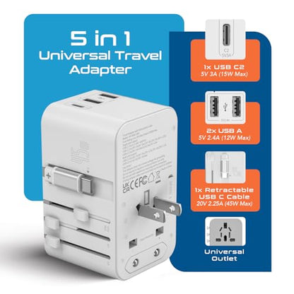 Ceptics 45W Universal Adapter, USB-C Cable, 3 USB Ports & Universal Input - color: White/Silver