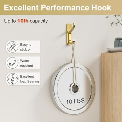 Adhesive Wall Hooks for Towel/Coat,13Lb Strong Stick-On Hooks, Gold 10 Pack - color: Gold, size: 10 Pack