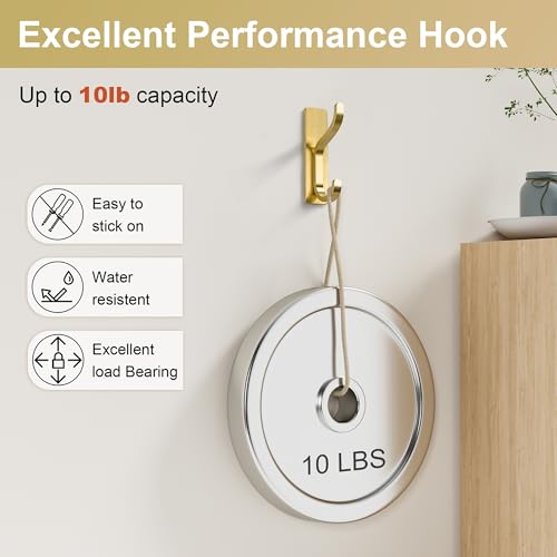Adhesive Wall Hooks for Towel/Coat,13Lb Strong Stick-On Hooks, Gold 4 Pack - color: Gold, size: 4 Pack