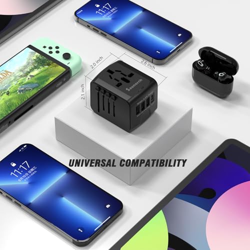 SAUNORCH Universal International Travel Power Adapter, AC Outlet | High Speed 2.4A USB & 3.0A Type-C Charger for Europe UK US AU Asia, Black