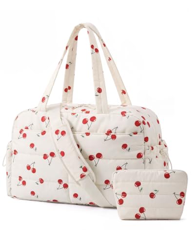 BAGSMART Gym Bag for Women, 2-PC Puffer Travel Duffle Bag Carry On Tote Bag - color: Cherry print